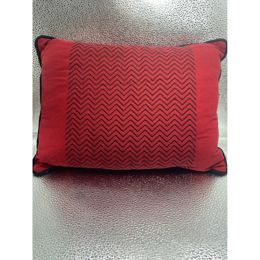 Red Black Chevron Embroidered Lumbar Throw Pillow Piped Edge Geometric Accent